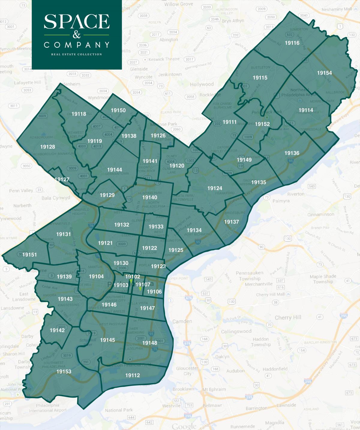 mapa okolic Filadelfii i zip kody